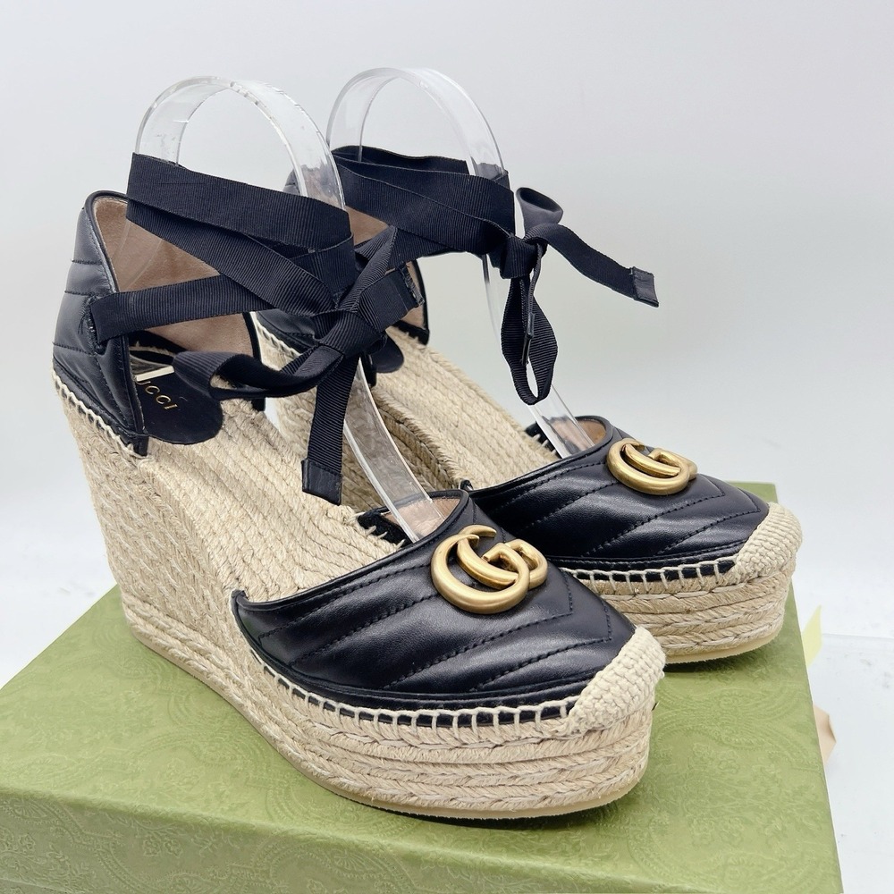 Gucci GG Marmont Platform MATELASSÉ Wedge Heels Espadrille Black Leather EU 40.5 - Picture 2 of 14